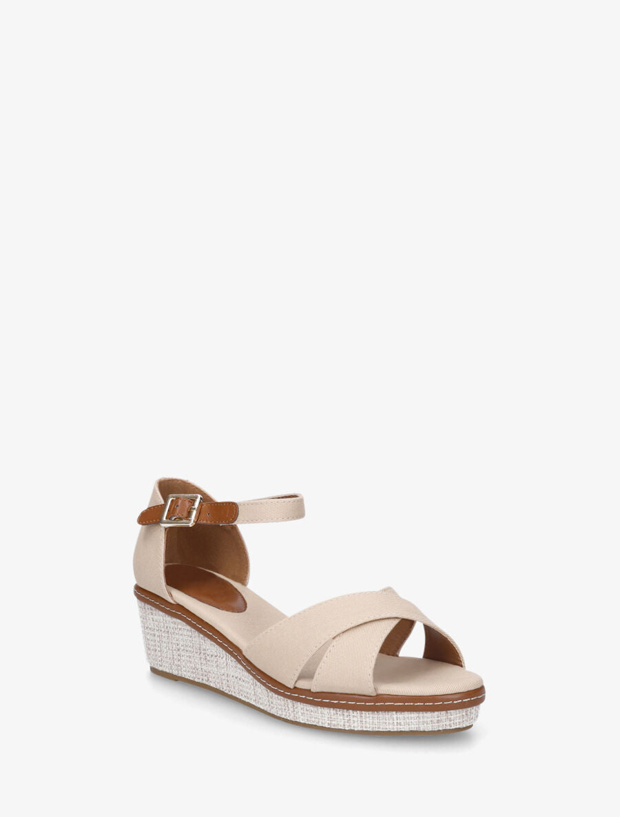 Sandales compensées bride croisées en tissu - Beige - 2