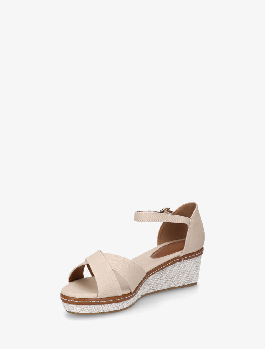 Sandales compensées bride croisées en tissu - Beige - 3