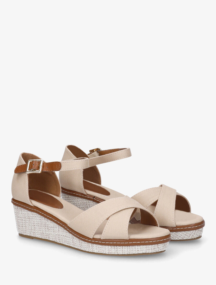 Sandales compensées bride croisées en tissu - Beige - 4