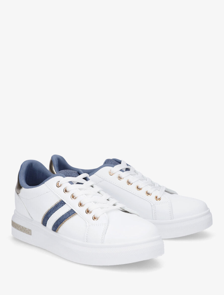 Baskets en simili avec bandes en tissu et paillettes - Bleu jeans - 4