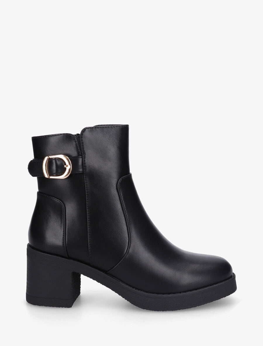 Bottines en simili à talon épais et boucle - Noir - 5