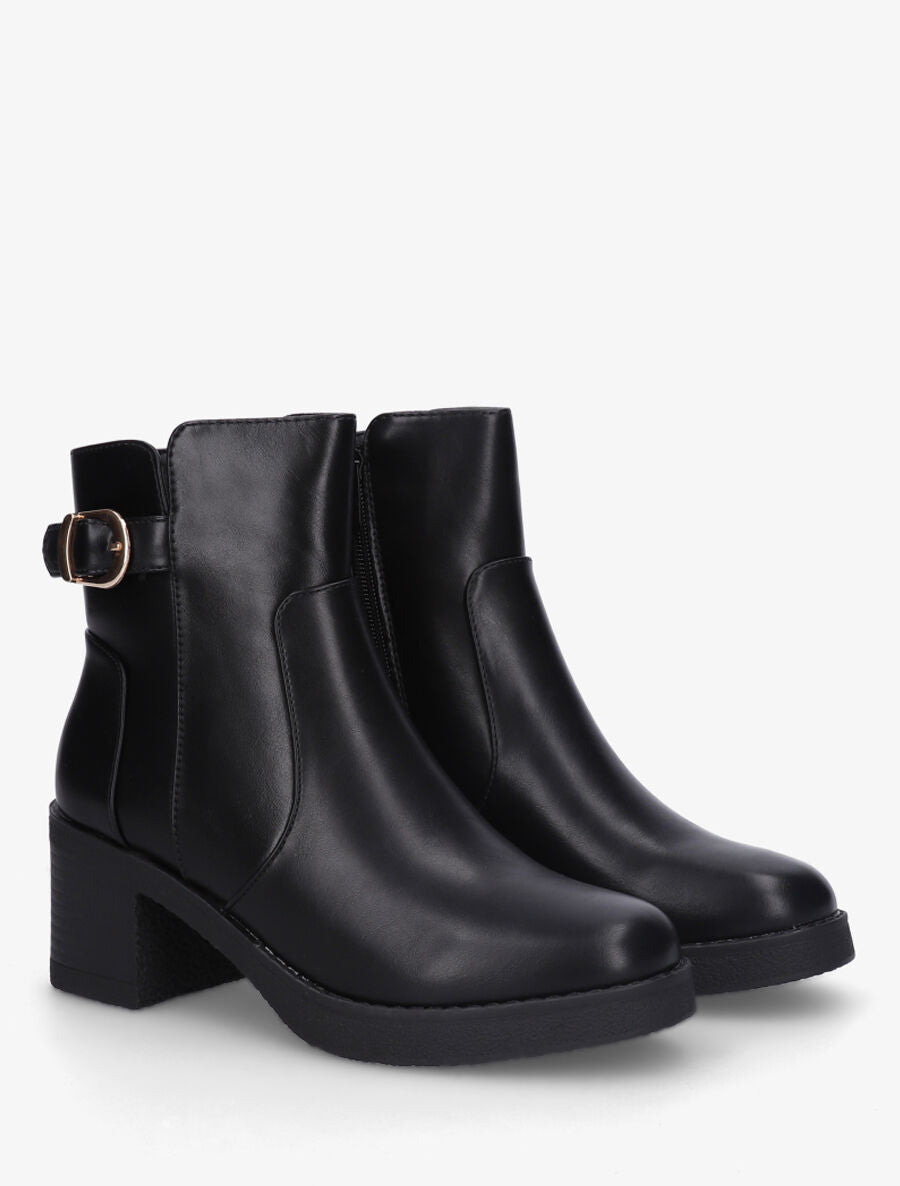 Bottines en simili à talon épais et boucle - Noir - 4