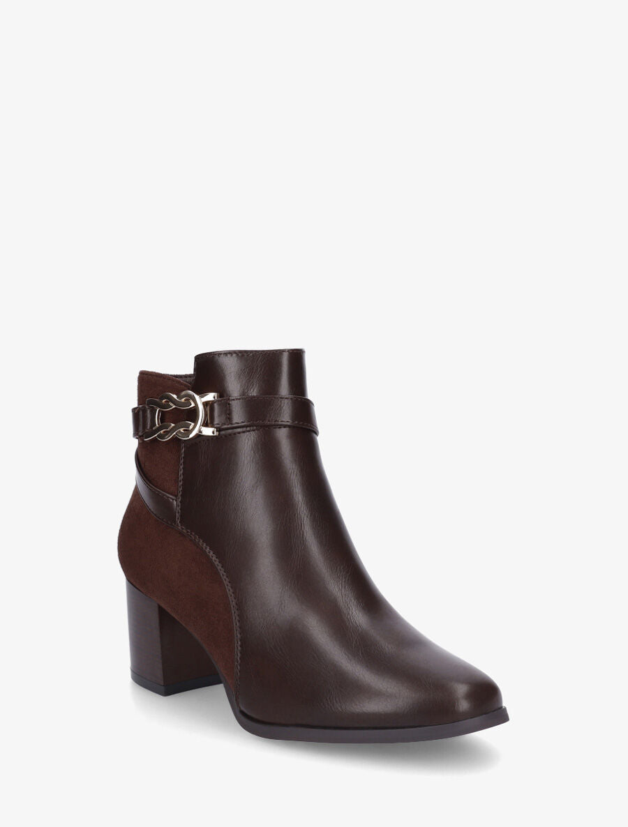 Bottines à talon et boucle décorative - Marron - 2