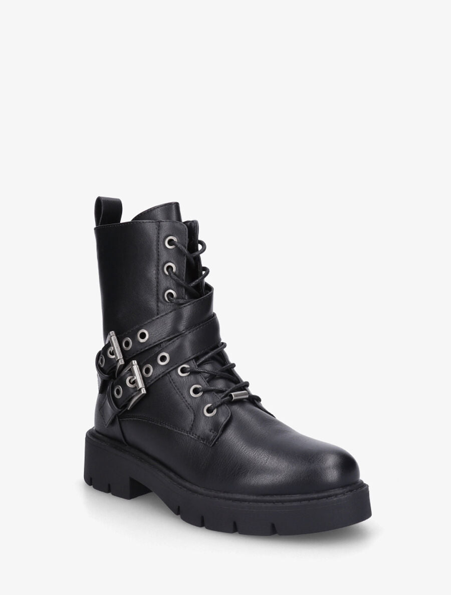Bottines montantes en simili à double sangles - Noir - 2