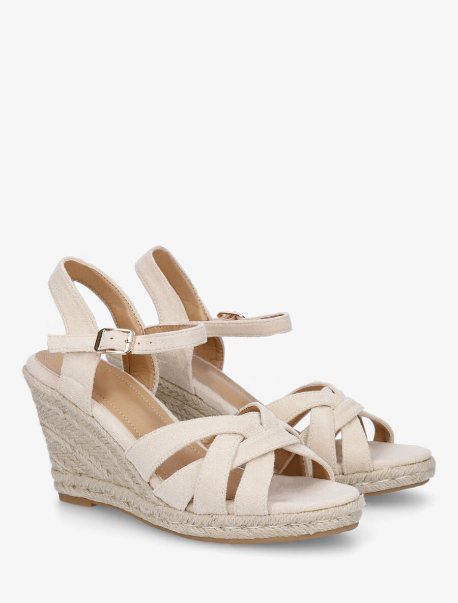 Sandales compensées en suédine à lanières croisées - Beige - 4