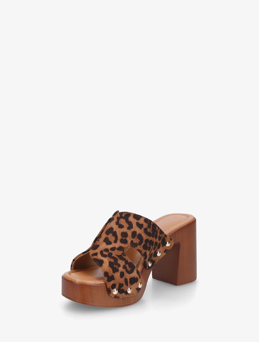 Mules style sabot en suédine imprimé léopard - Camel - 3