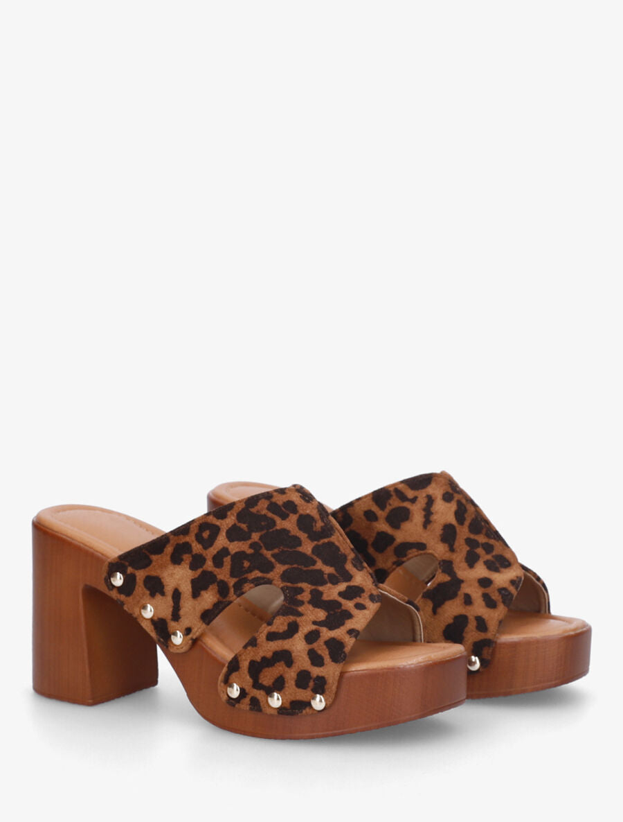 Mules style sabot en suédine imprimé léopard - Camel - 4