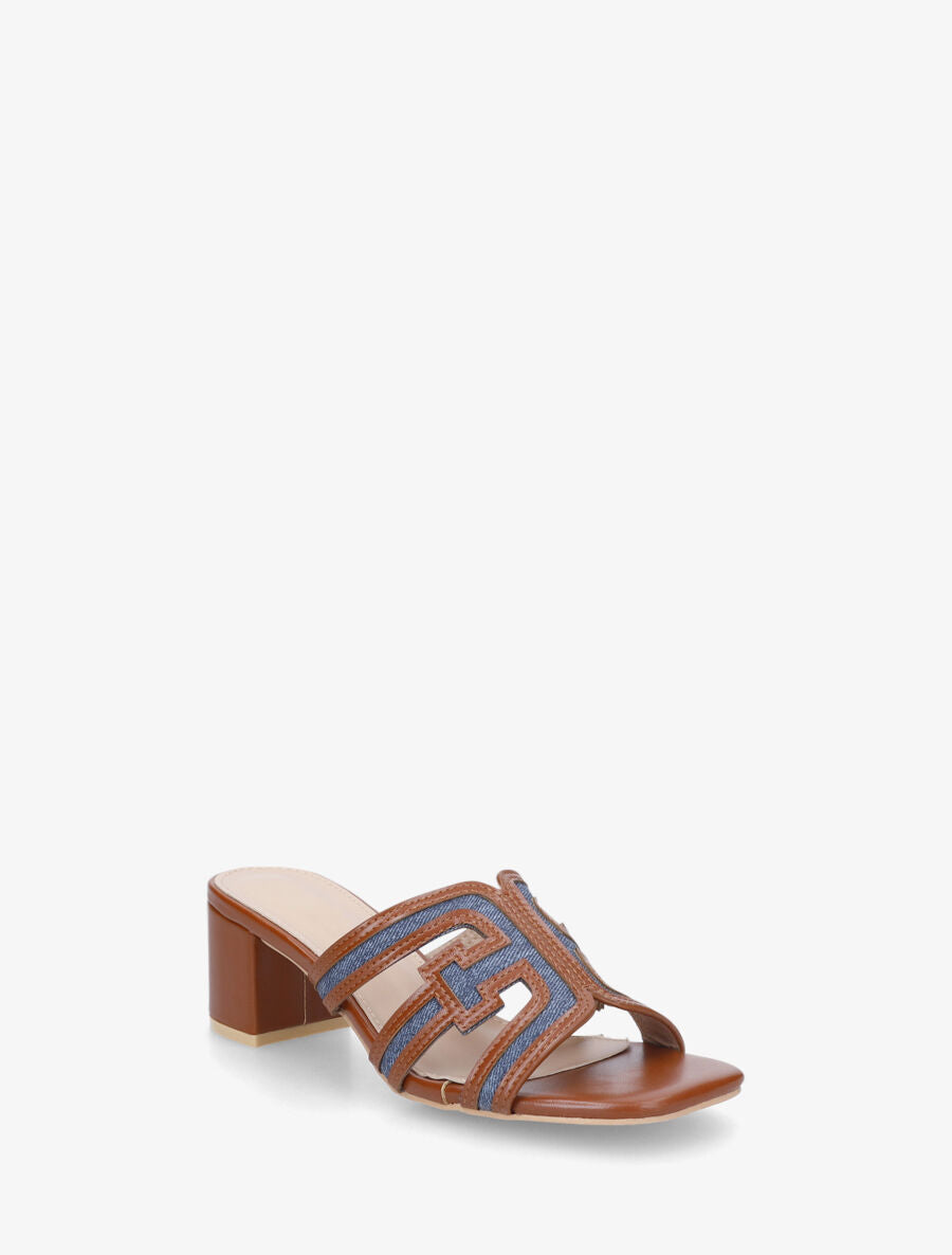 Mules bimatière à talon - Camel - 2