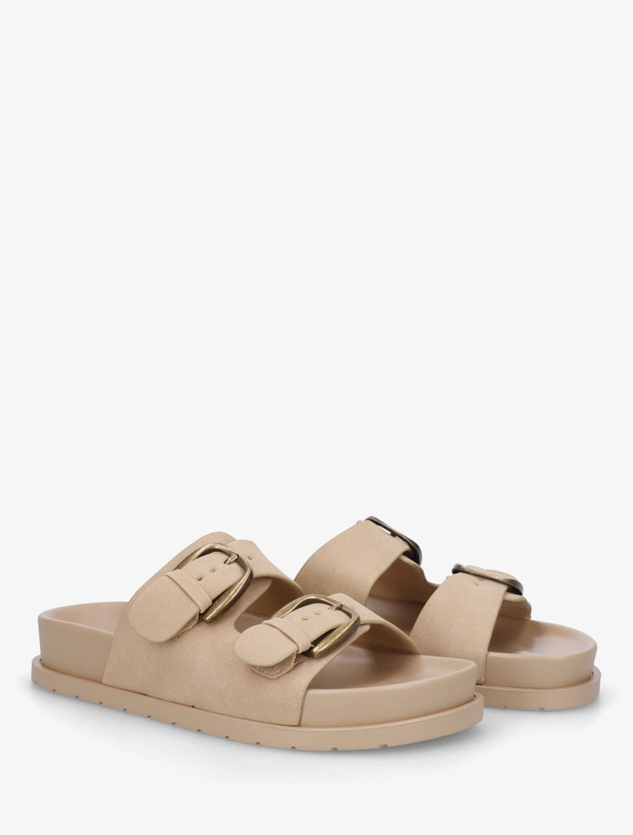 Claquettes en suédine à brides à boucle - Beige foncé - 4