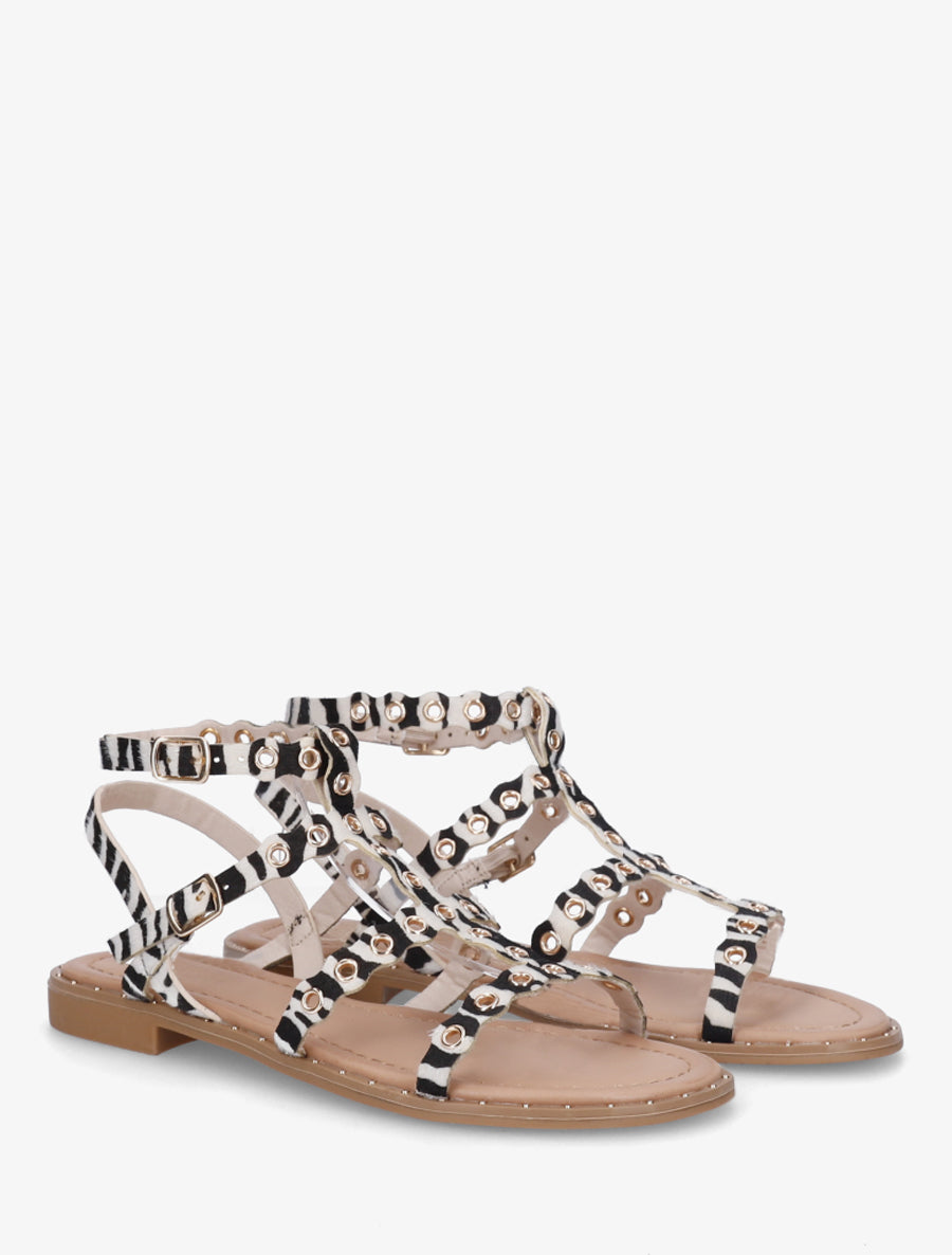 Nu-pieds style spartiates à oeillets motif zèbre - Noir/blanc - 4