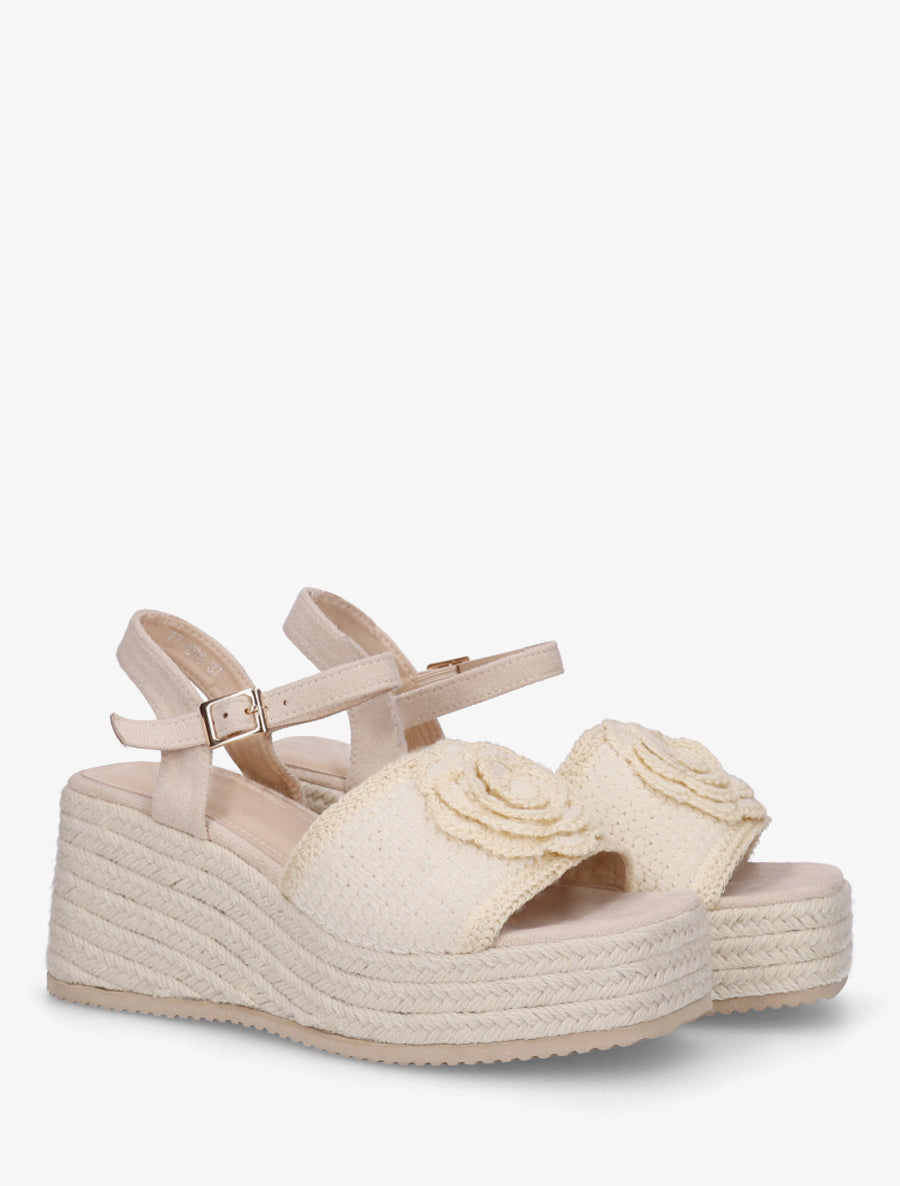 Sandales compensées à fleur - Beige - 4