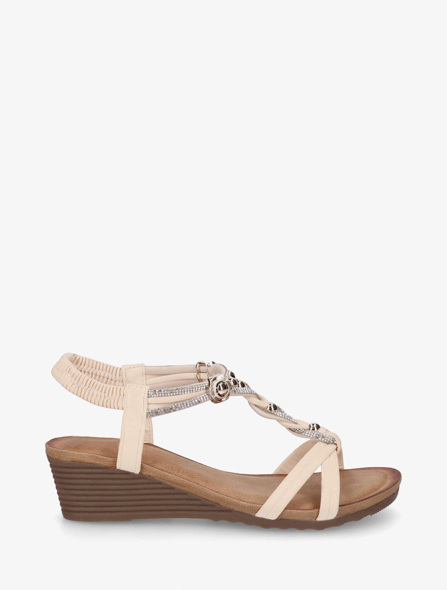 Sandales compensées à bride tressée à strass - Beige - 1
