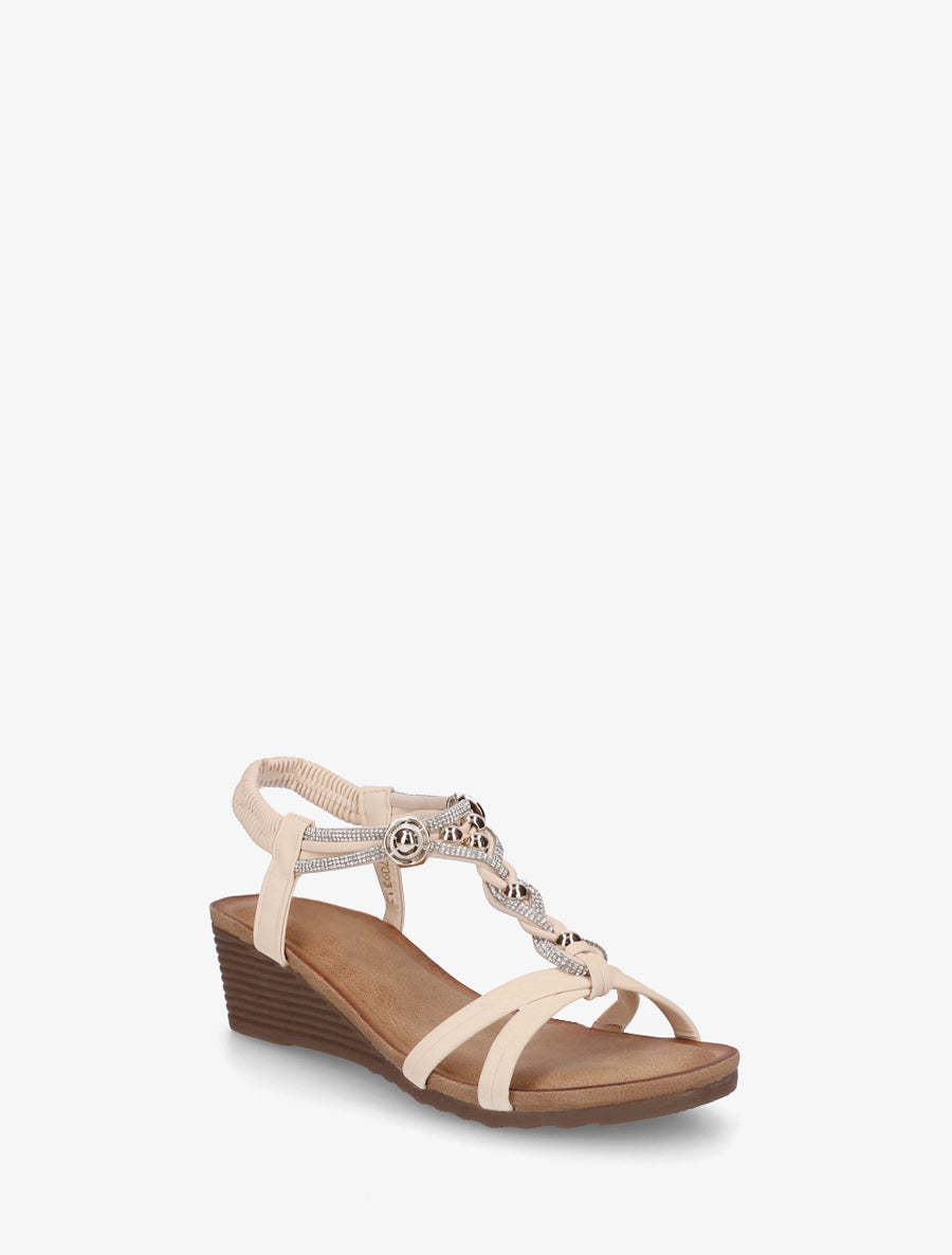 Sandales compensées à bride tressée à strass - Beige - 2