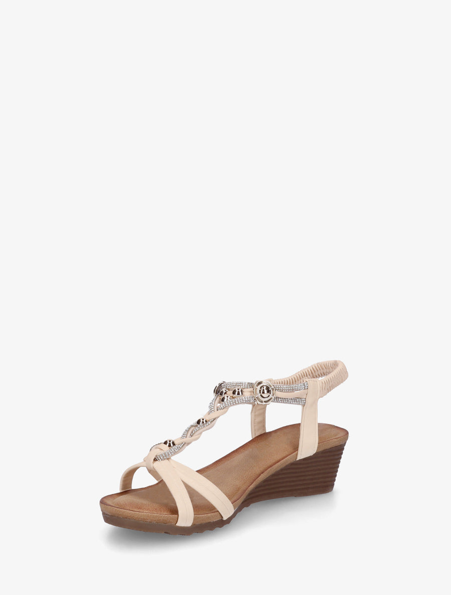 Sandales compensées à bride tressée à strass - Beige - 3