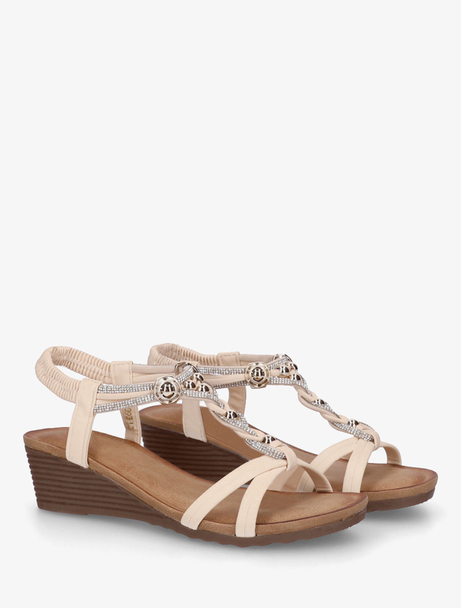 Sandales compensées à bride tressée à strass - Beige - 4