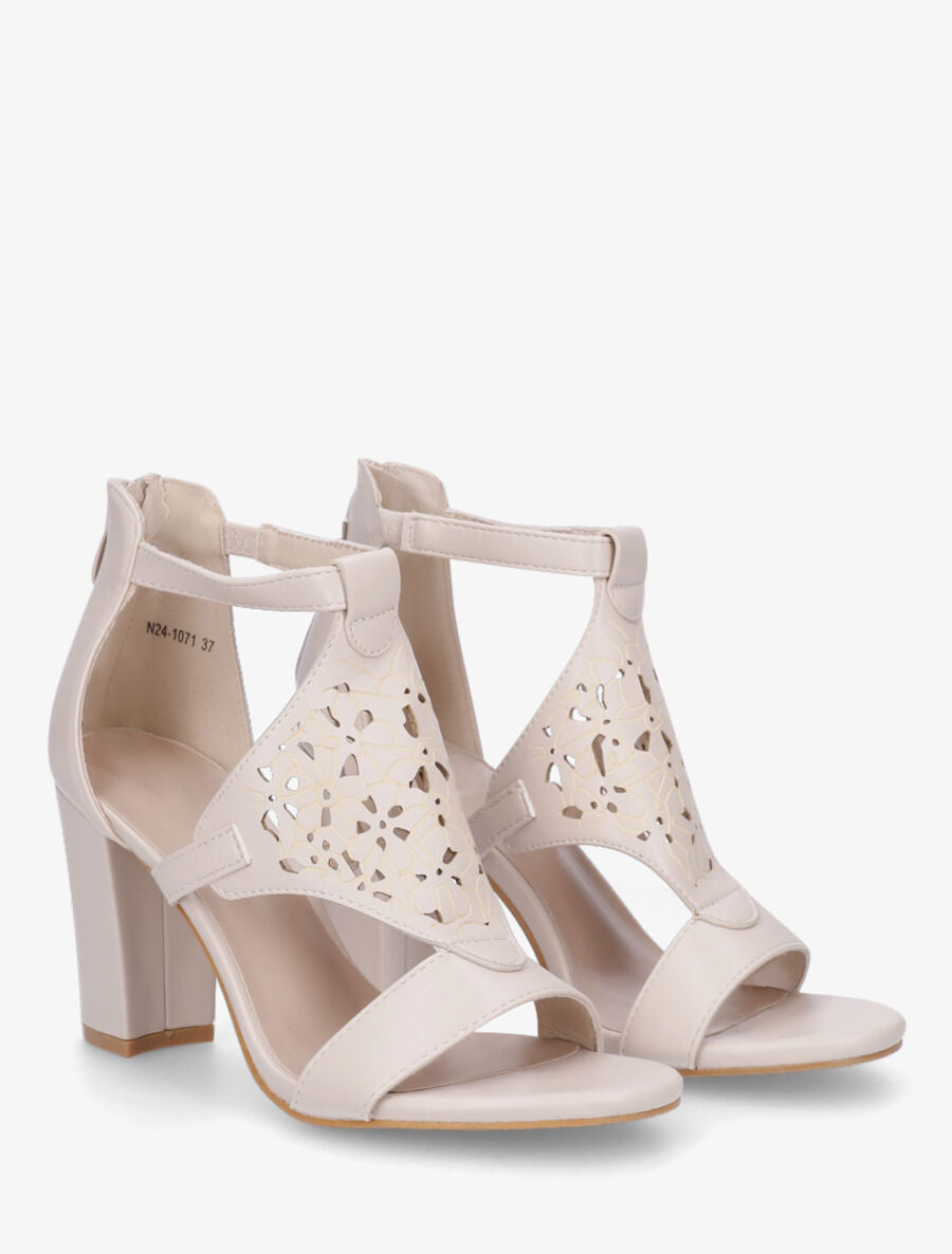 Sandales en simili à bride ajourée motif fleuri - Beige - 4