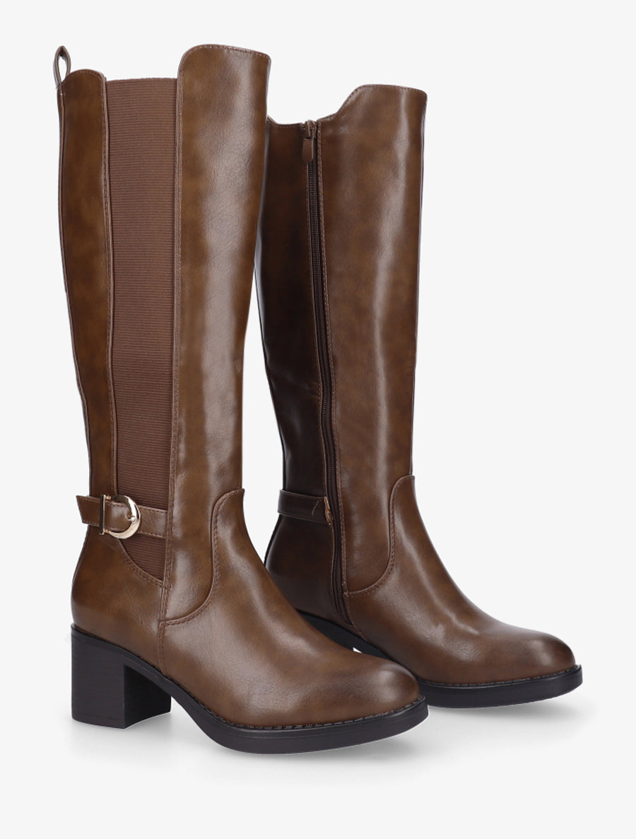 Bottes élastiquées à sangle en simili - Marron - 4