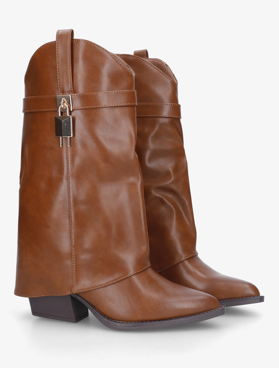 Bottines montantes à revers en simili - Camel - 4