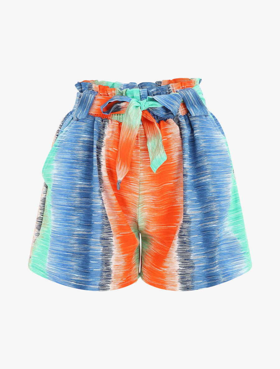 Short droit taille haute motif rayures fantaisies - Orange/bleu - 4