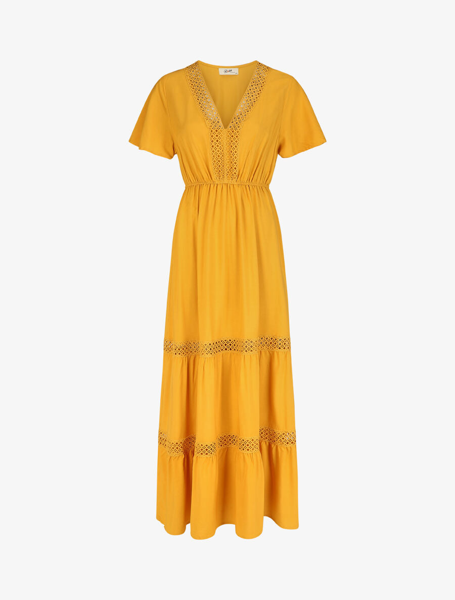 Robe longue unie à manches courtes - Jaune - 1