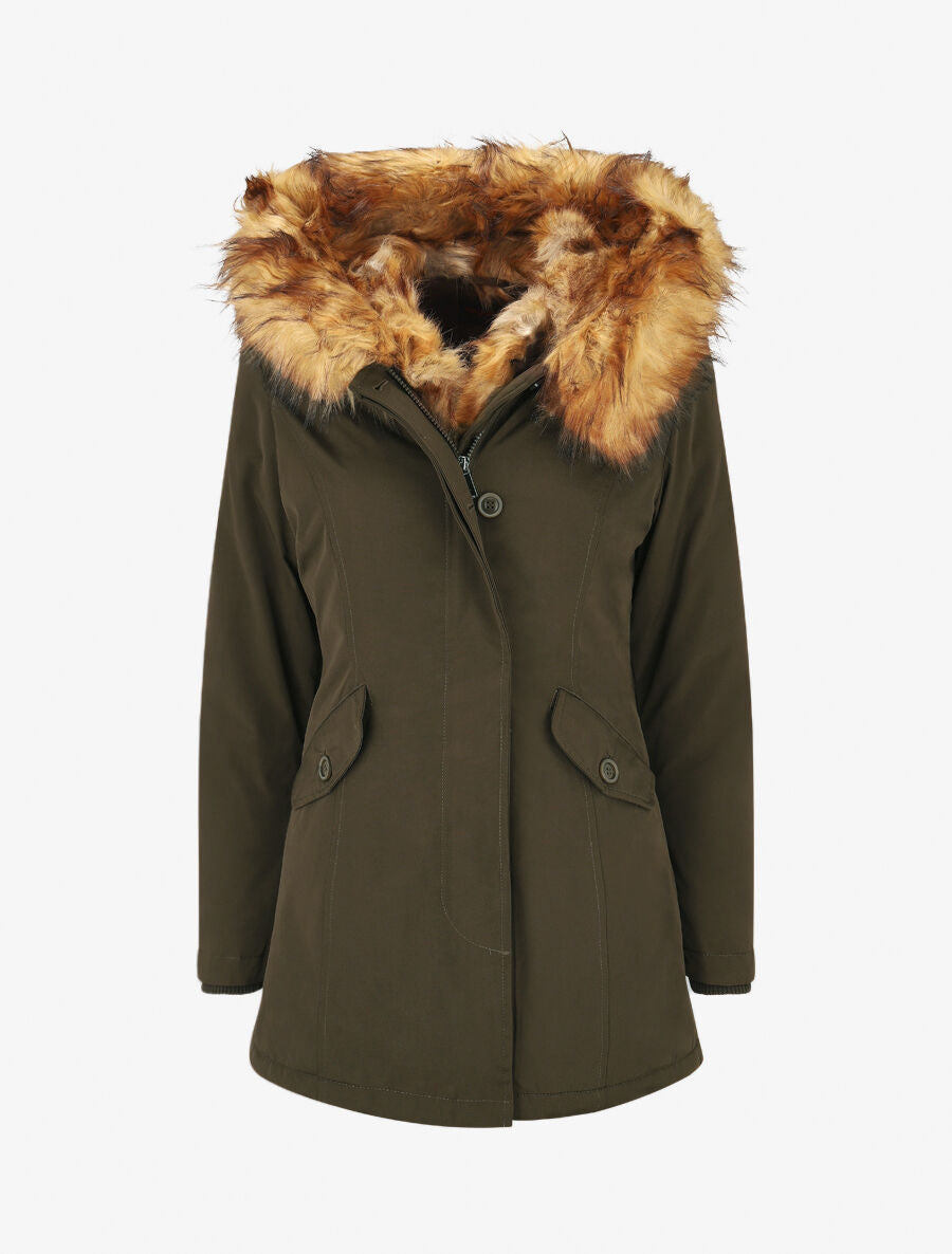 Parka uni à fourrure synthétique amovible - Kaki/camel - 1