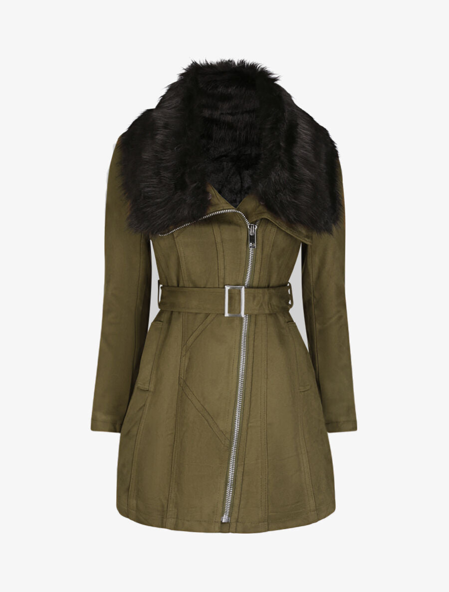 Manteau ajusté à intérieur fourré - Kaki - 1