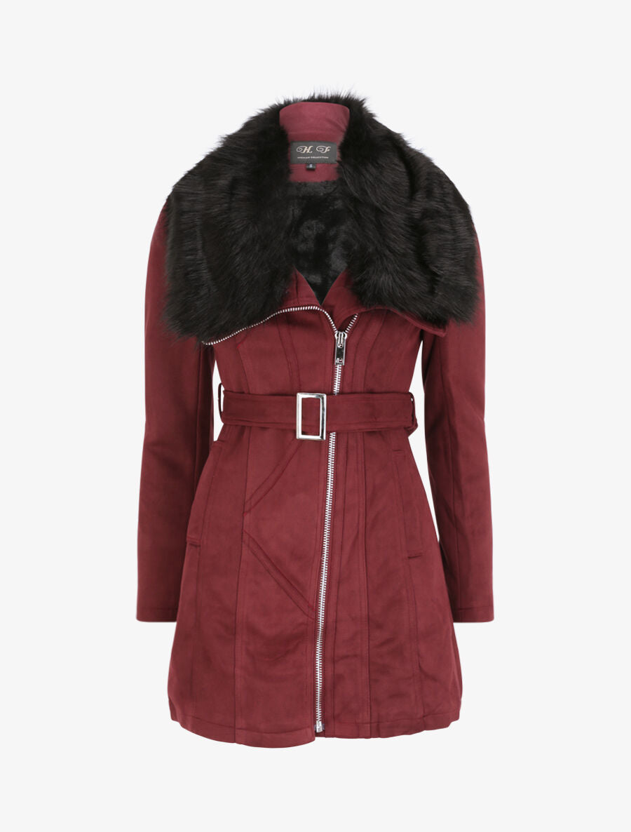Manteau ajusté à intérieur fourré - Lie de vin - 1
