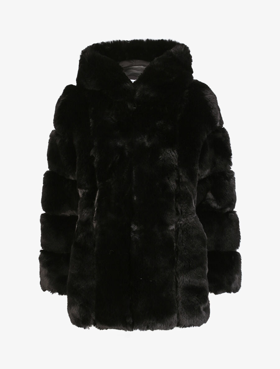 Manteau en fausse fourrure à capuche - Noir - 4