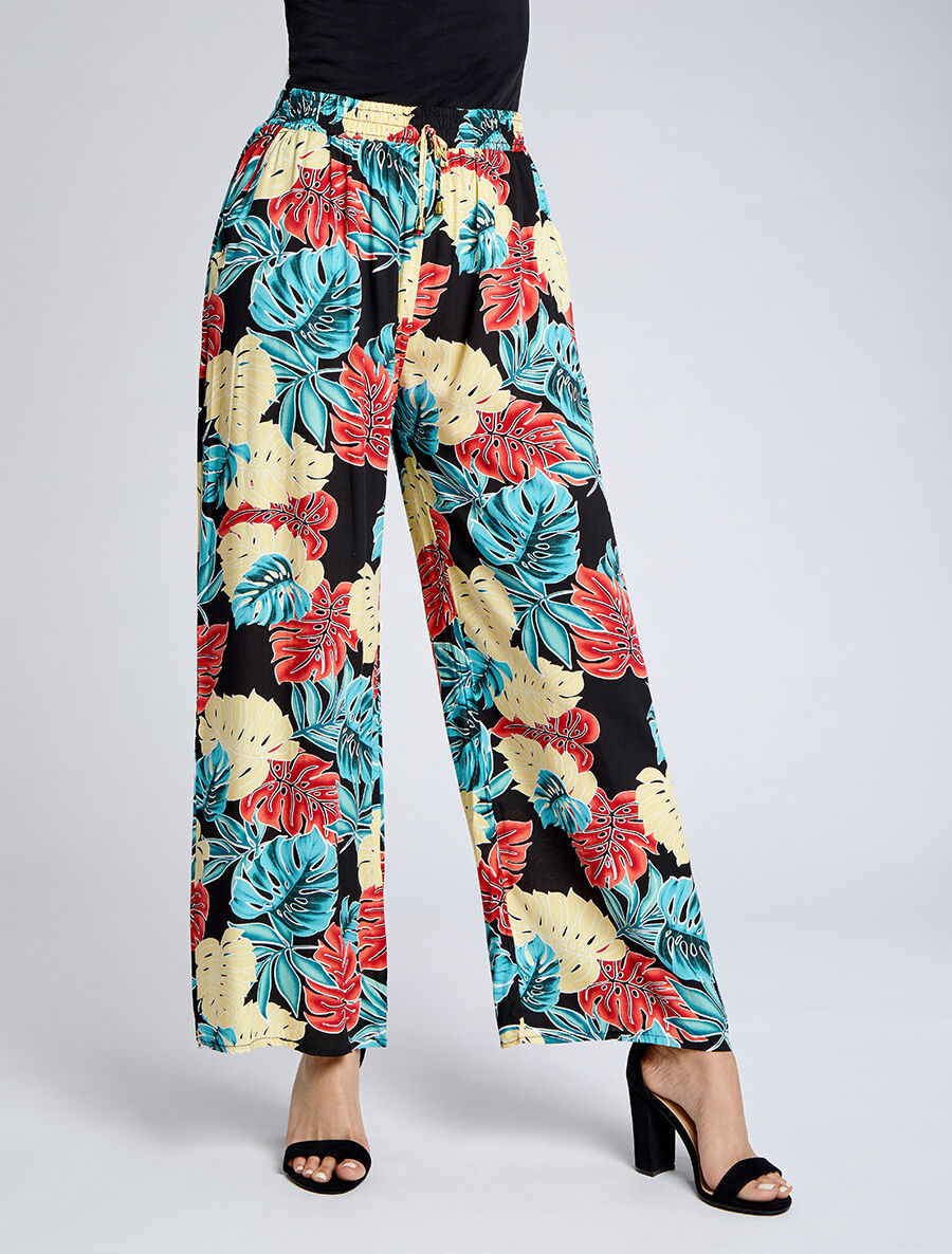Pantalon ample imprimé plantes tropicales - Noir - 4