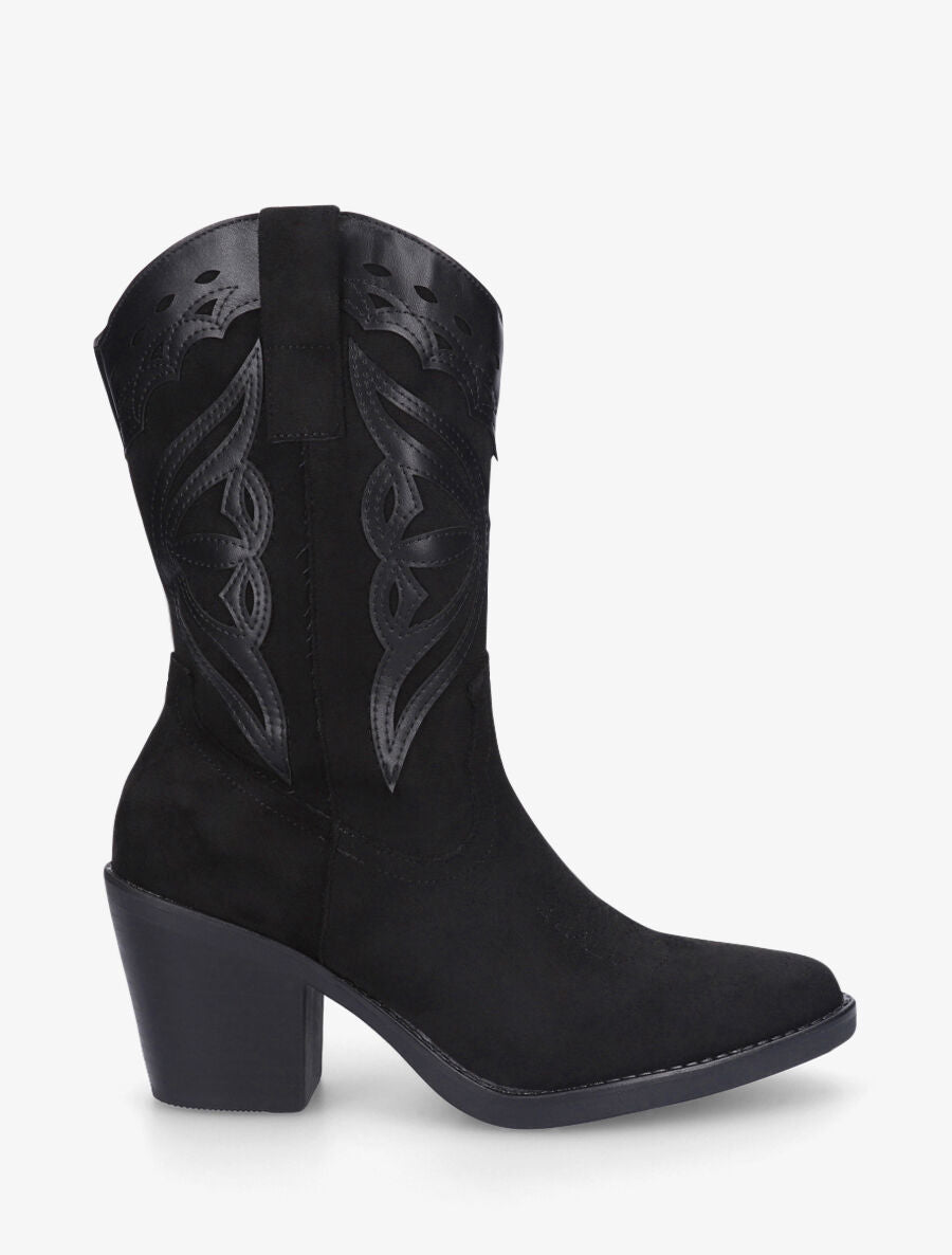 Bottines style santiag bi-matière - Noir - 1