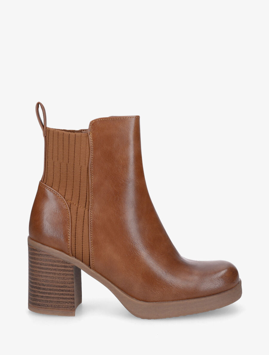 Bottines en simili et tissu côtelé - Camel - 1