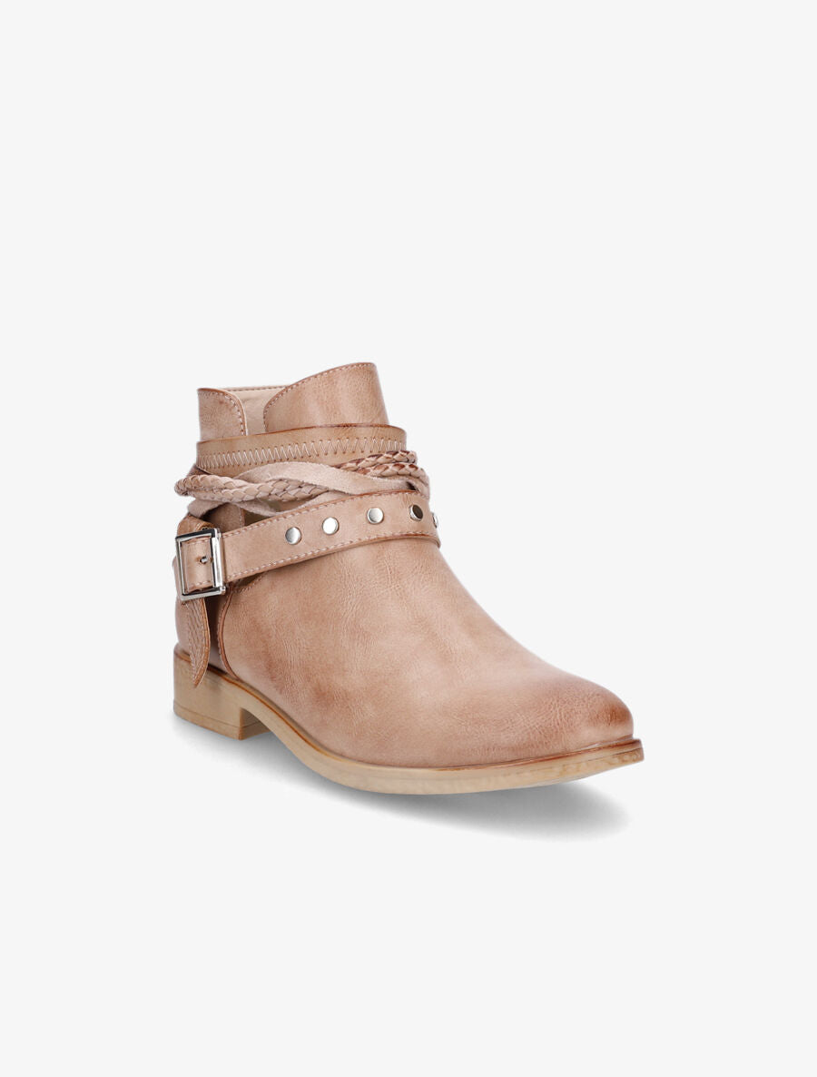 Bottines à lanières cloutées et liens - Camel - 2