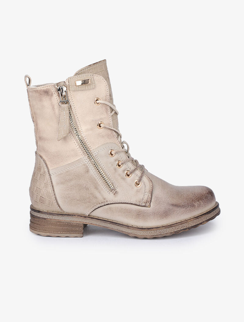 Boots style grunge bi-matière à zip décoratif - Beige - 2