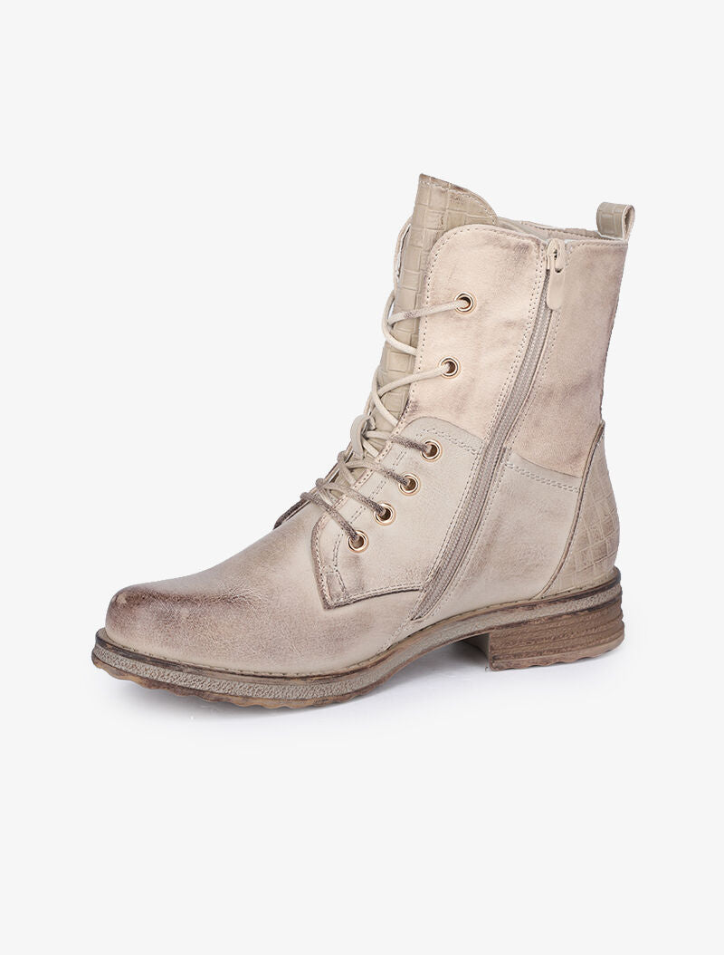 Boots style grunge bi-matière à zip décoratif - Beige - 4