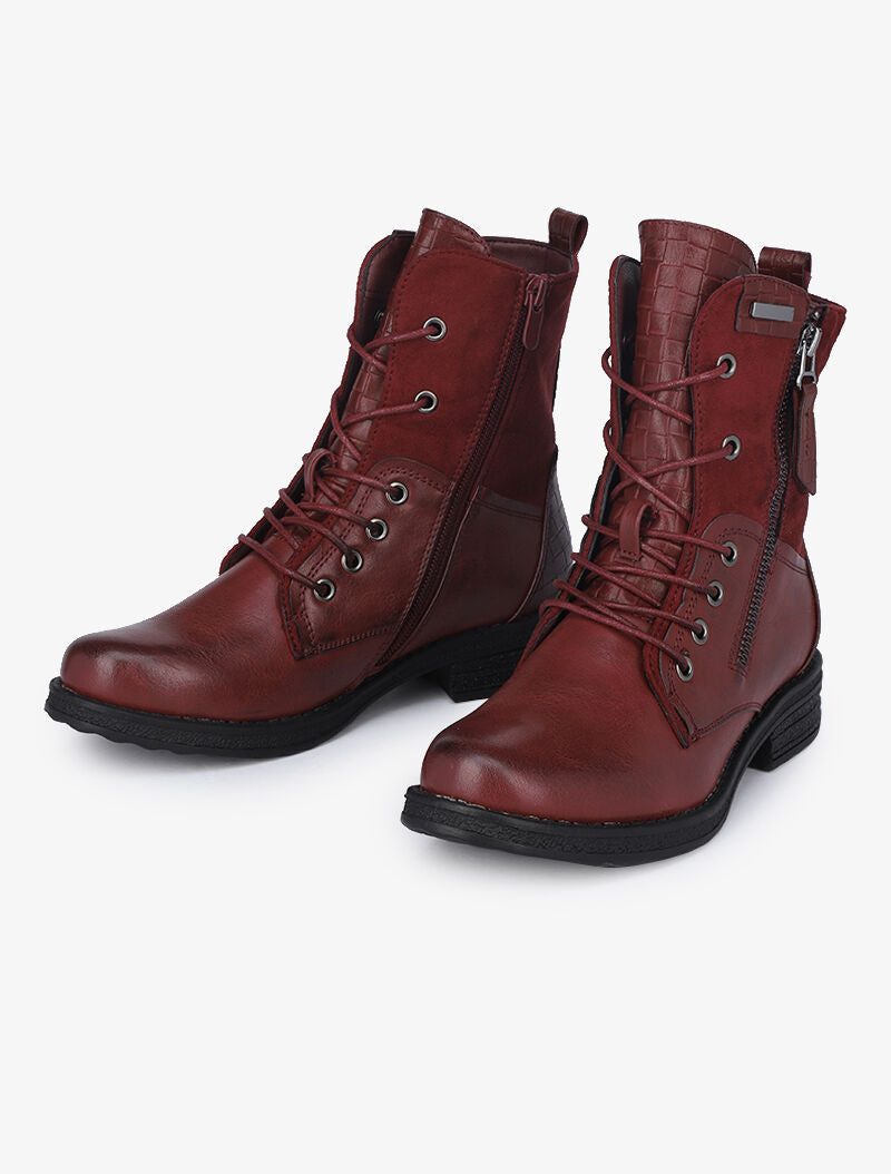 Boots style grunge bi-matière à zip décoratif - Bordeaux - 1