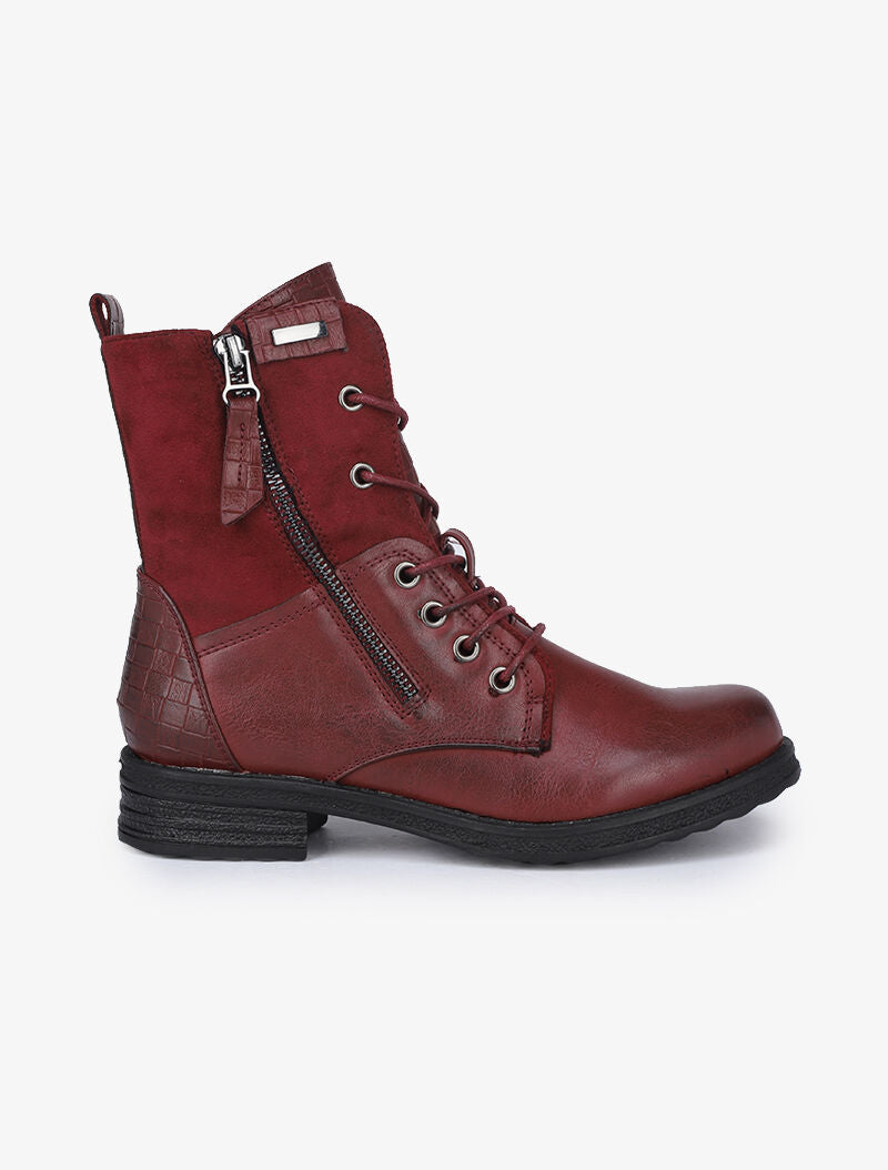 Boots style grunge bi-matière à zip décoratif - Bordeaux - 2