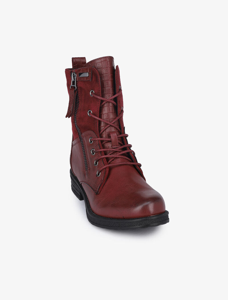 Boots style grunge bi-matière à zip décoratif - Bordeaux - 3