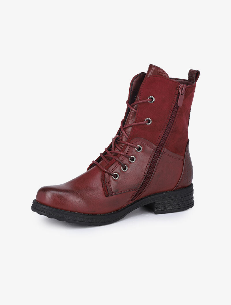 Boots style grunge bi-matière à zip décoratif - Bordeaux - 4