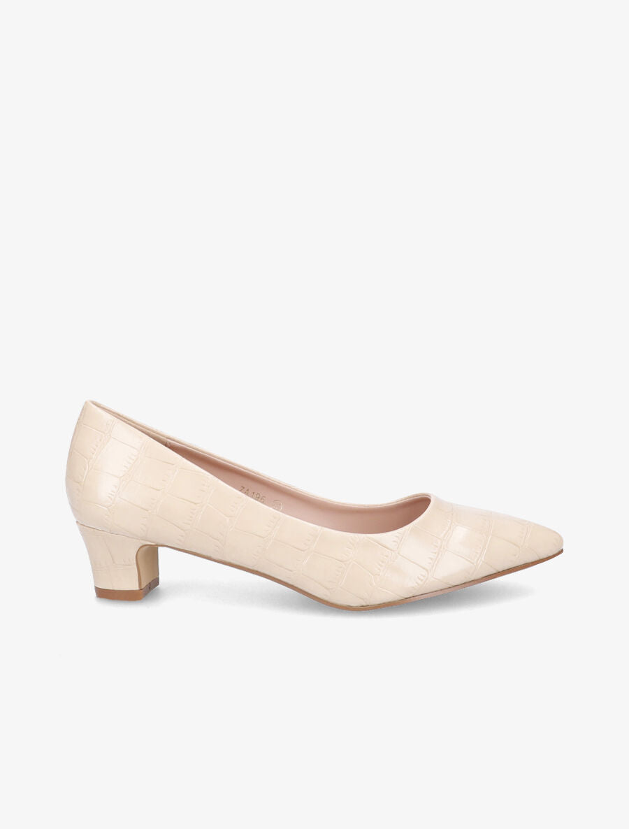 Escarpins pointus effet croco à petit talons - Beige - 1