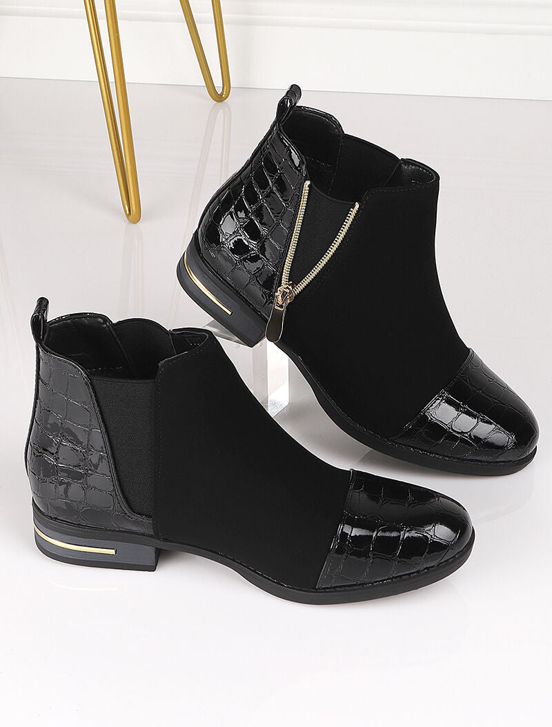 Bottines à contreforts et bouts effet croco vernis - Noir - 7