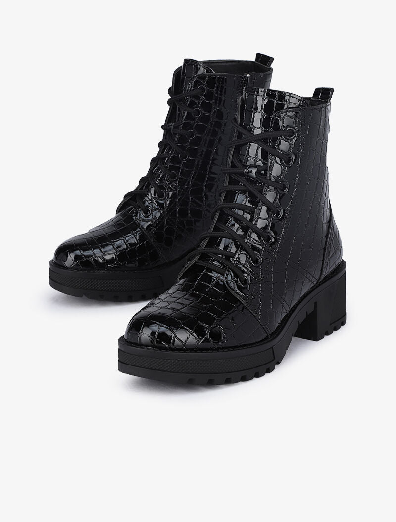 Rangers à semelles crantées effet croco vernis - Noir - 4