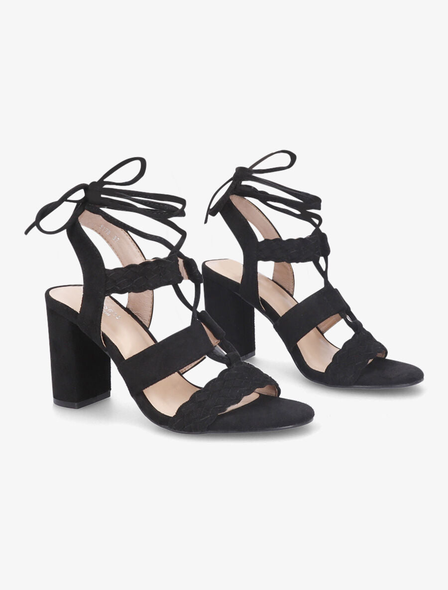 Sandales en suédine à talons et lacets - Noir - 4