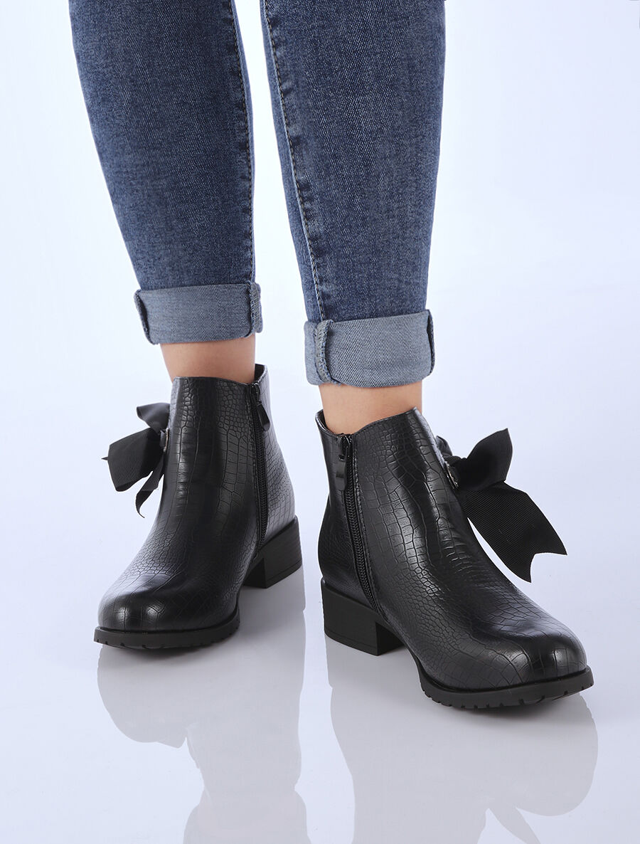 Bottines effet croco à noeud décoratif - Noir - 5