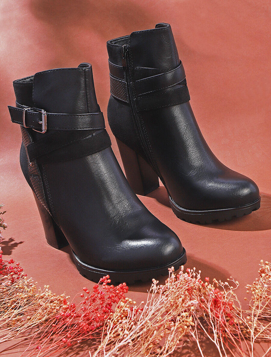 Bottines à talon et empiècement python - Noir - 5