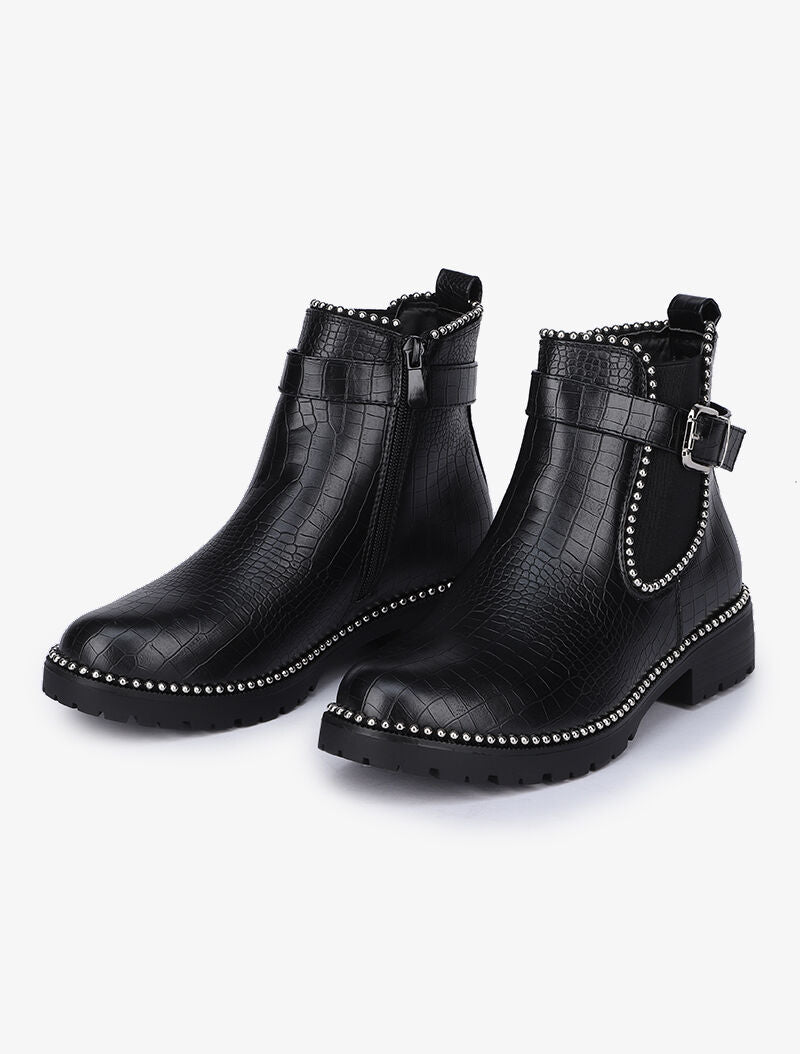 Bottines effet croco à clous argentés - Noir - 1