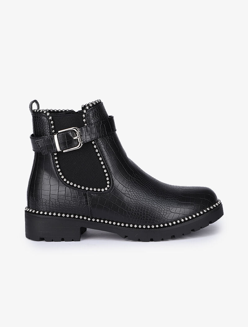 Bottines effet croco à clous argentés - Noir - 2