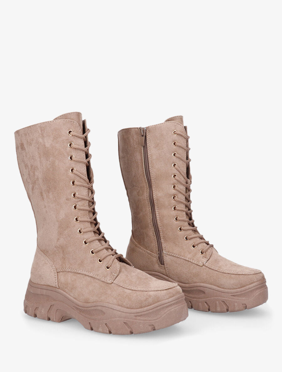 Boots montantes lacées en suédine - Taupe - 4