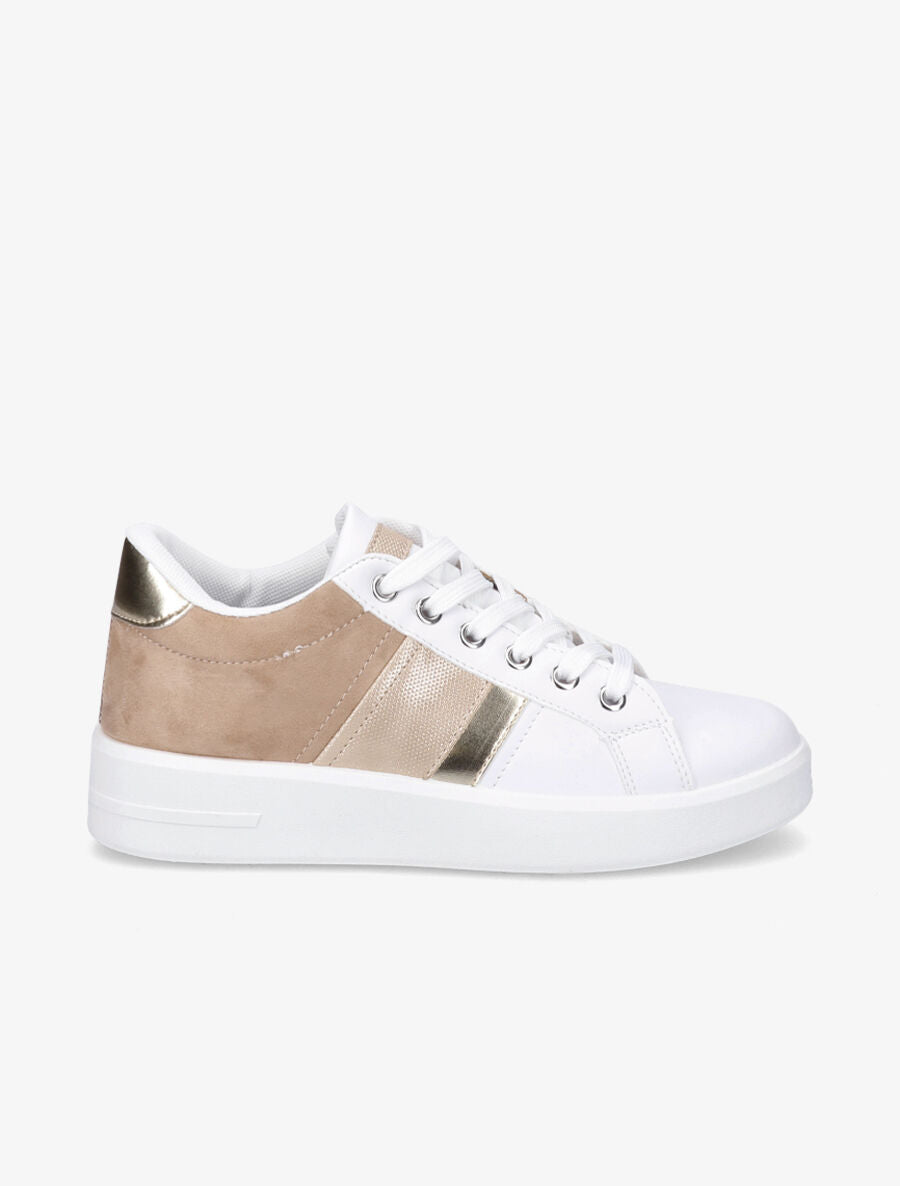 Sneakers en simili et suédine et bandes irisées - Camel - 1
