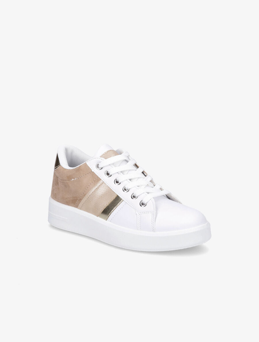 Sneakers en simili et suédine et bandes irisées - Camel - 2