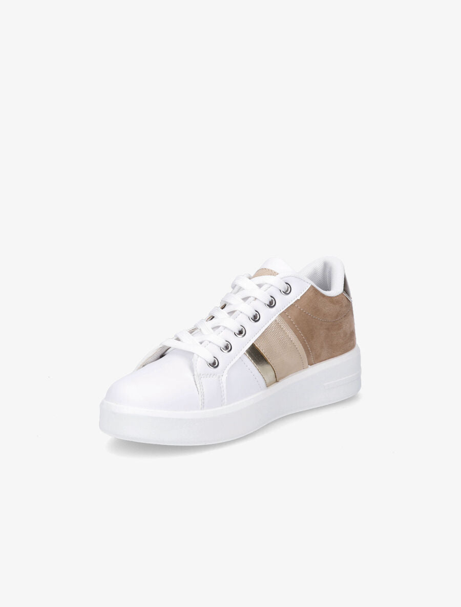 Sneakers en simili et suédine et bandes irisées - Camel - 3